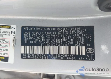 2007 Toyota Matrix Xr z USA, uszkodzony, nr VIN 2T1KR32E77C670167